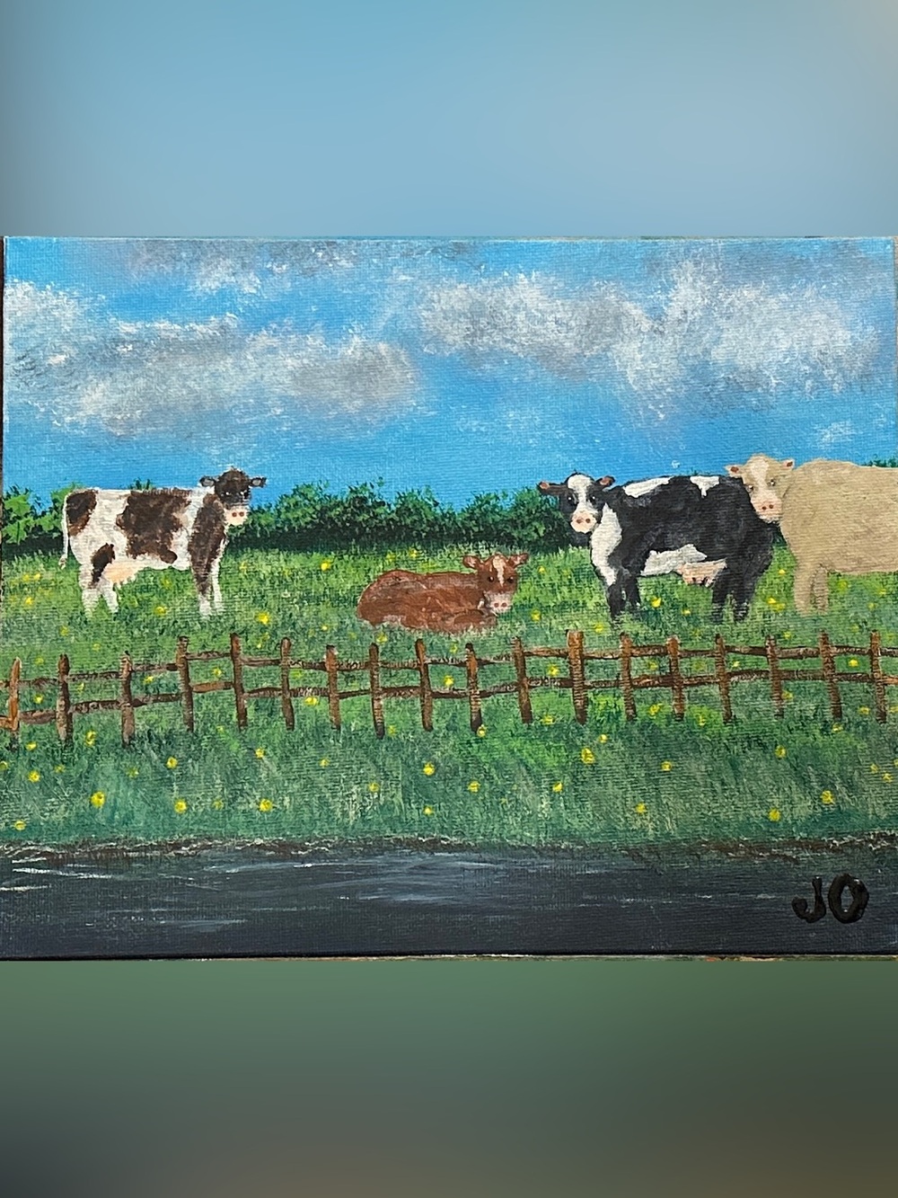Pastoral Cow Canvas Painting in Blue & Green